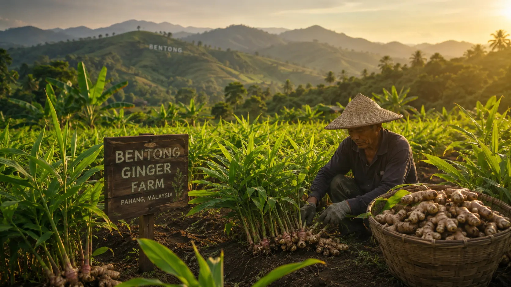 Bentong ginger farm in Malaysia at golden hour — rows of lush ginger plants against rolling hills