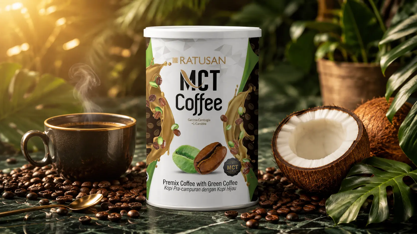 Ratusan MCT Coffee tin on a dark green marble surface with roasted coffee beans, coconut halves and tropical leaves
