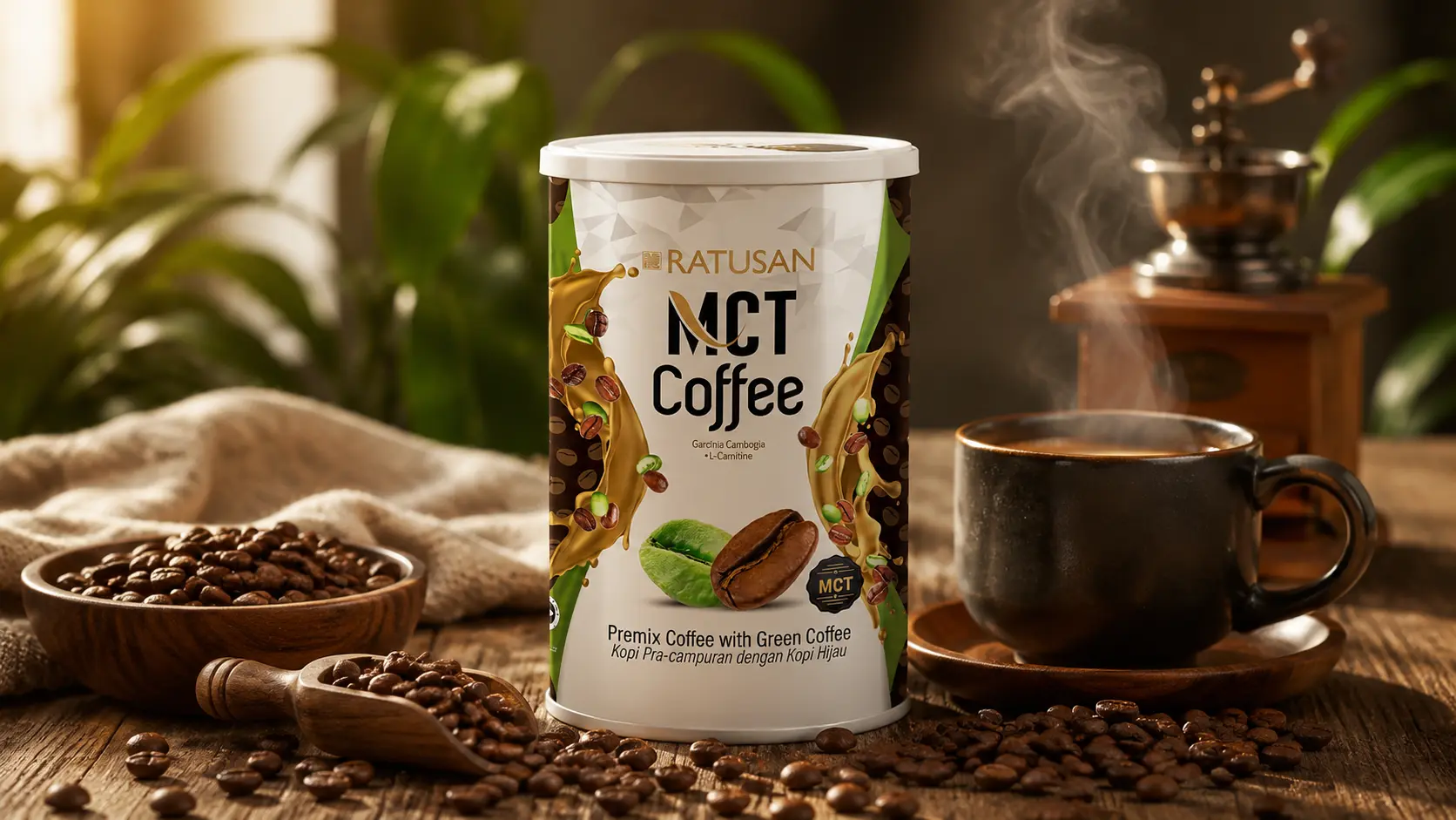 Ratusan MCT Coffee tin with roasted coffee beans and a steaming coffee cup on a warm wooden surface