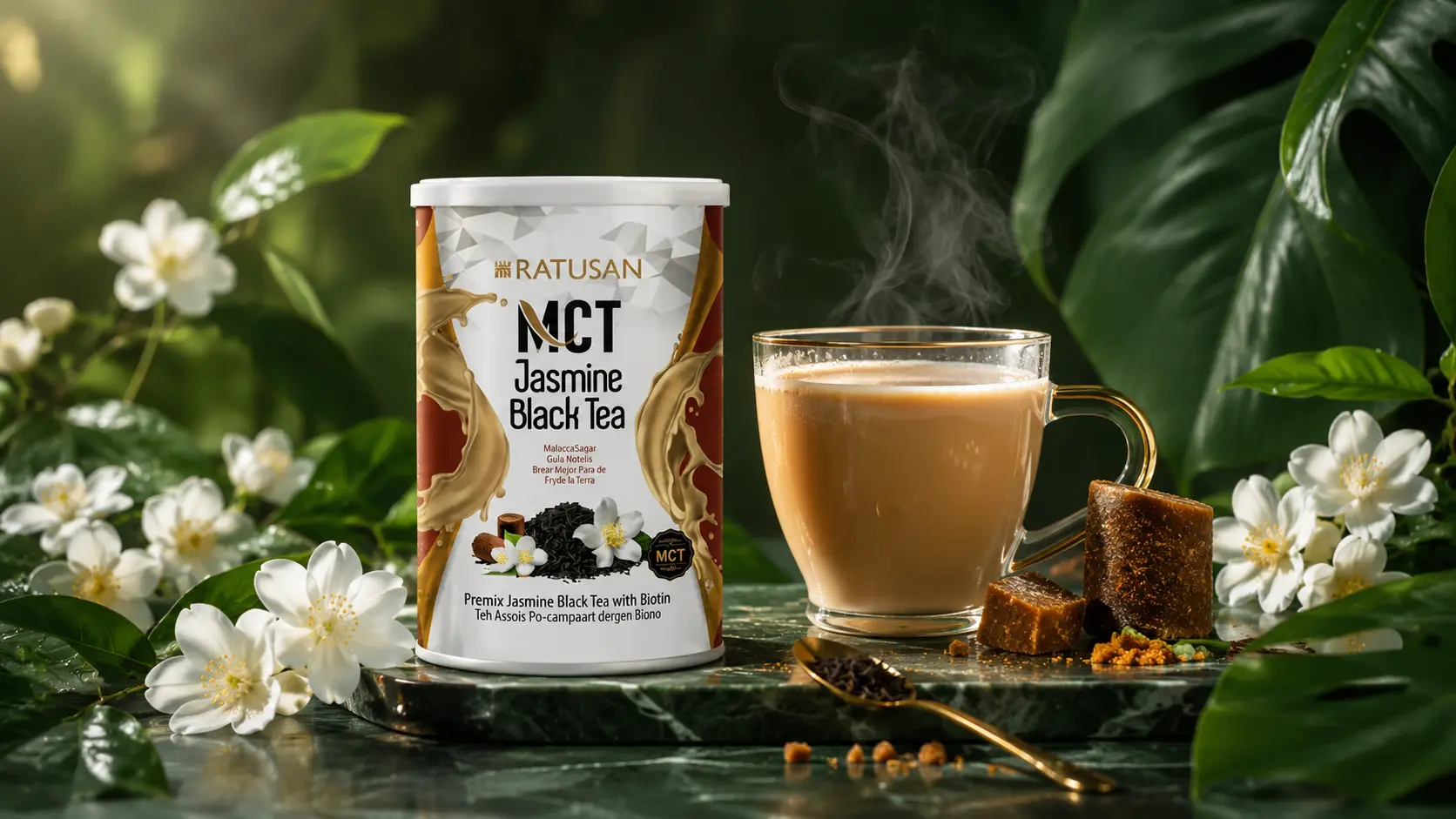 Ratusan MCT Jasmine Black Tea tin on a dark green marble surface with jasmine flowers, golden tea and Gula Melaka palm sugar