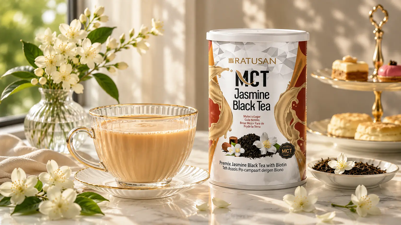 Elegant afternoon tea setting with Ratusan MCT Jasmine Black Tea tin, golden tea in a glass cup and jasmine flowers on white marble