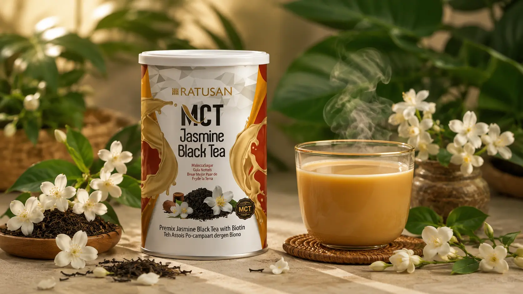 Ratusan MCT Jasmine Black Tea tin with fresh jasmine flowers and a glass of golden tea
