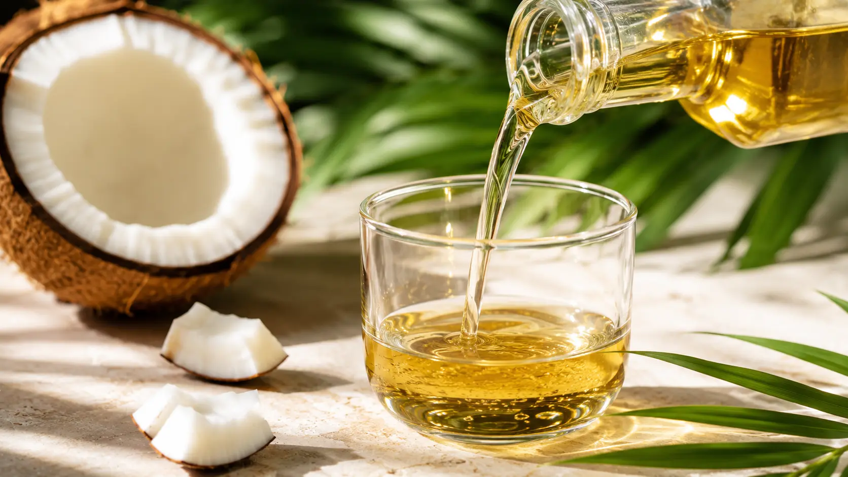 MCT oil being poured into a glass of tea with coconut and tropical leaves in the background