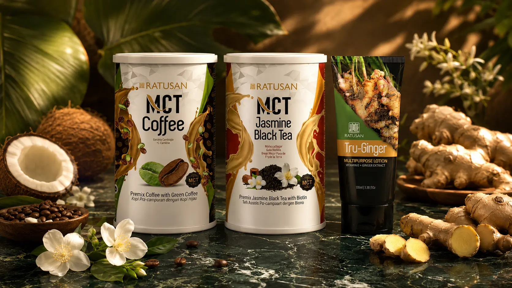Ratusan Singapore wellness product collection — MCT Coffee, Jasmine Black Tea and Tru-Ginger Lotion on a forest green marble surface with tropical botanicals