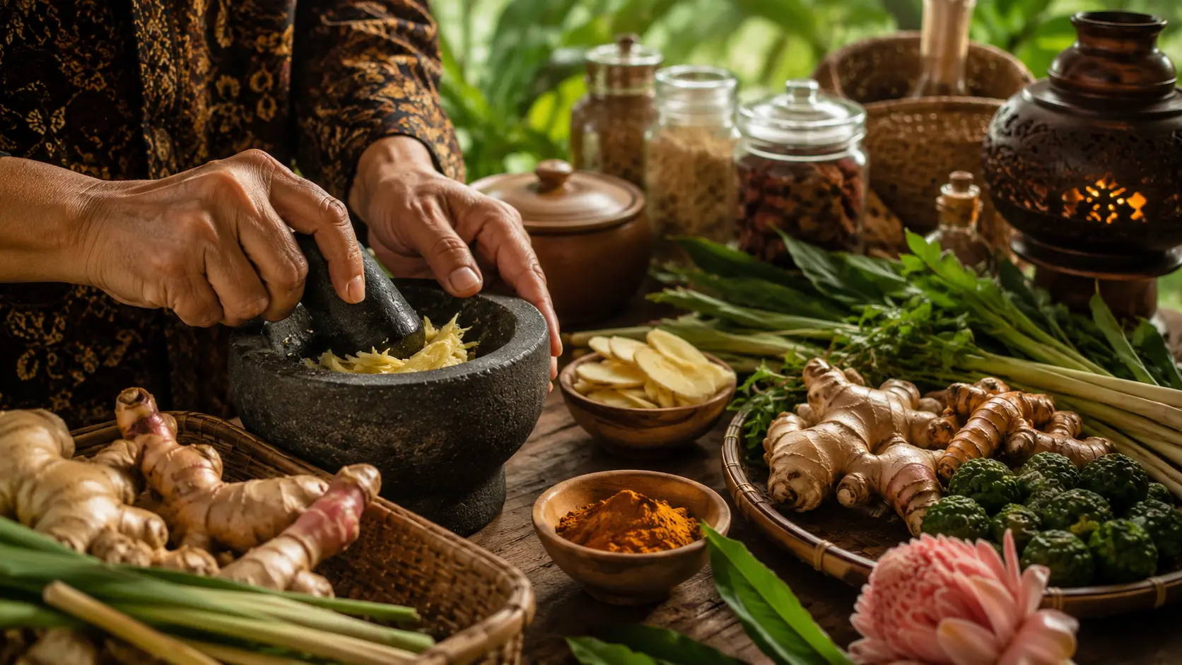 Hands preparing fresh Bentong ginger with a mortar and pestle, surrounded by tropical herbs and botanicals