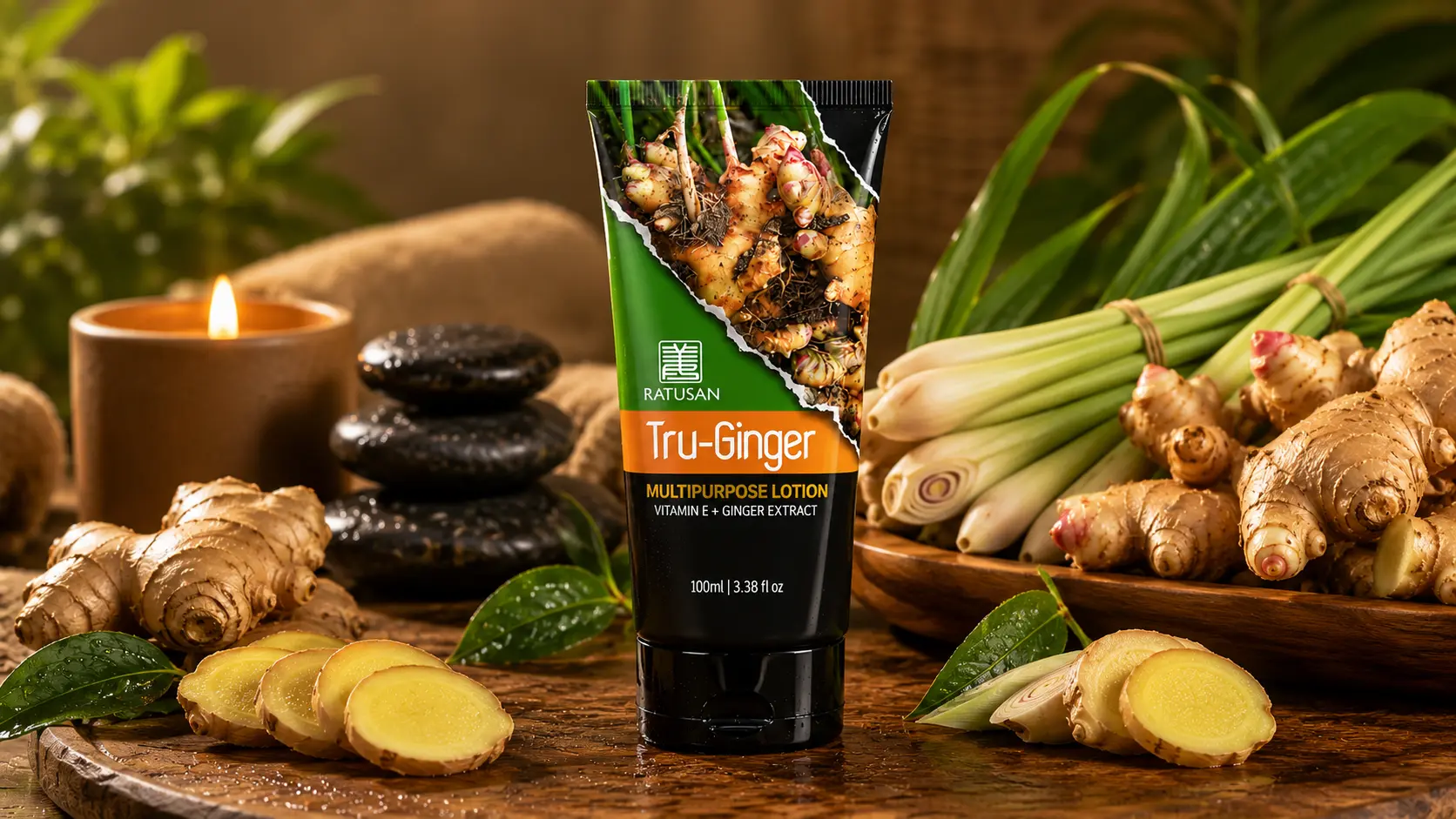 Ratusan Tru-Ginger Lotion tube with fresh Bentong ginger roots and lemongrass on a warm wooden spa surface