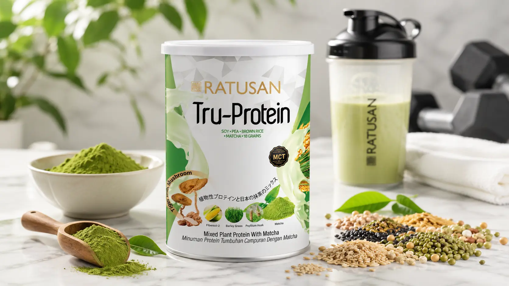 Ratusan Tru-Protein tin on marble with matcha powder, mixed grains and seeds