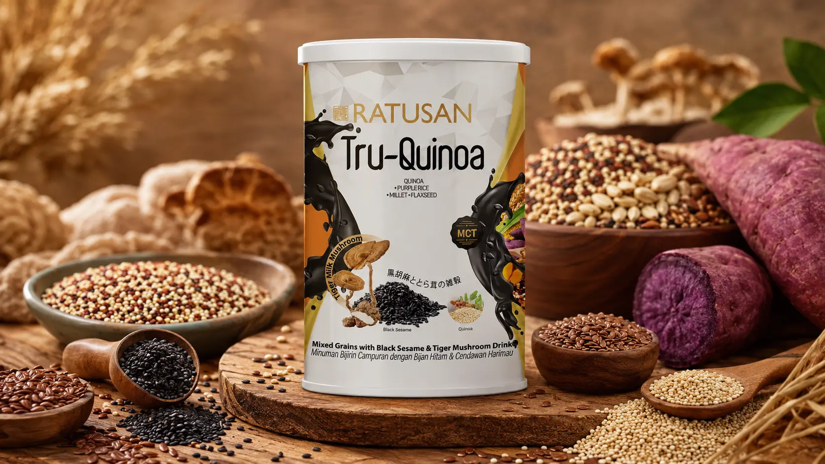 Ratusan Tru-Quinoa tin on a rustic wooden board with tricolour quinoa seeds, black sesame, flaxseeds and purple sweet potato