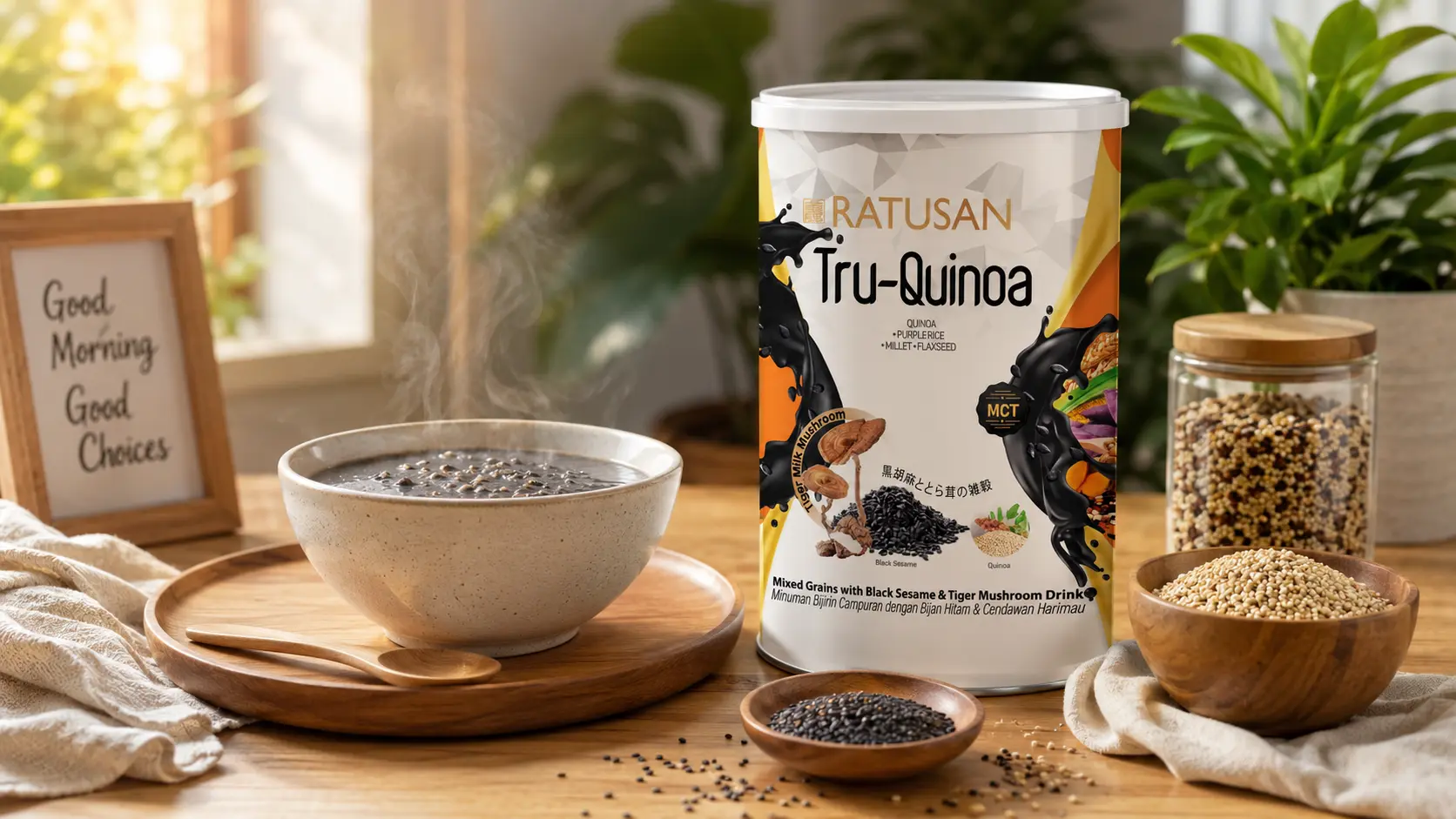 Morning wellness ritual with Ratusan Tru-Quinoa tin, a warm grain drink, quinoa seeds and black sesame on a wooden breakfast table
