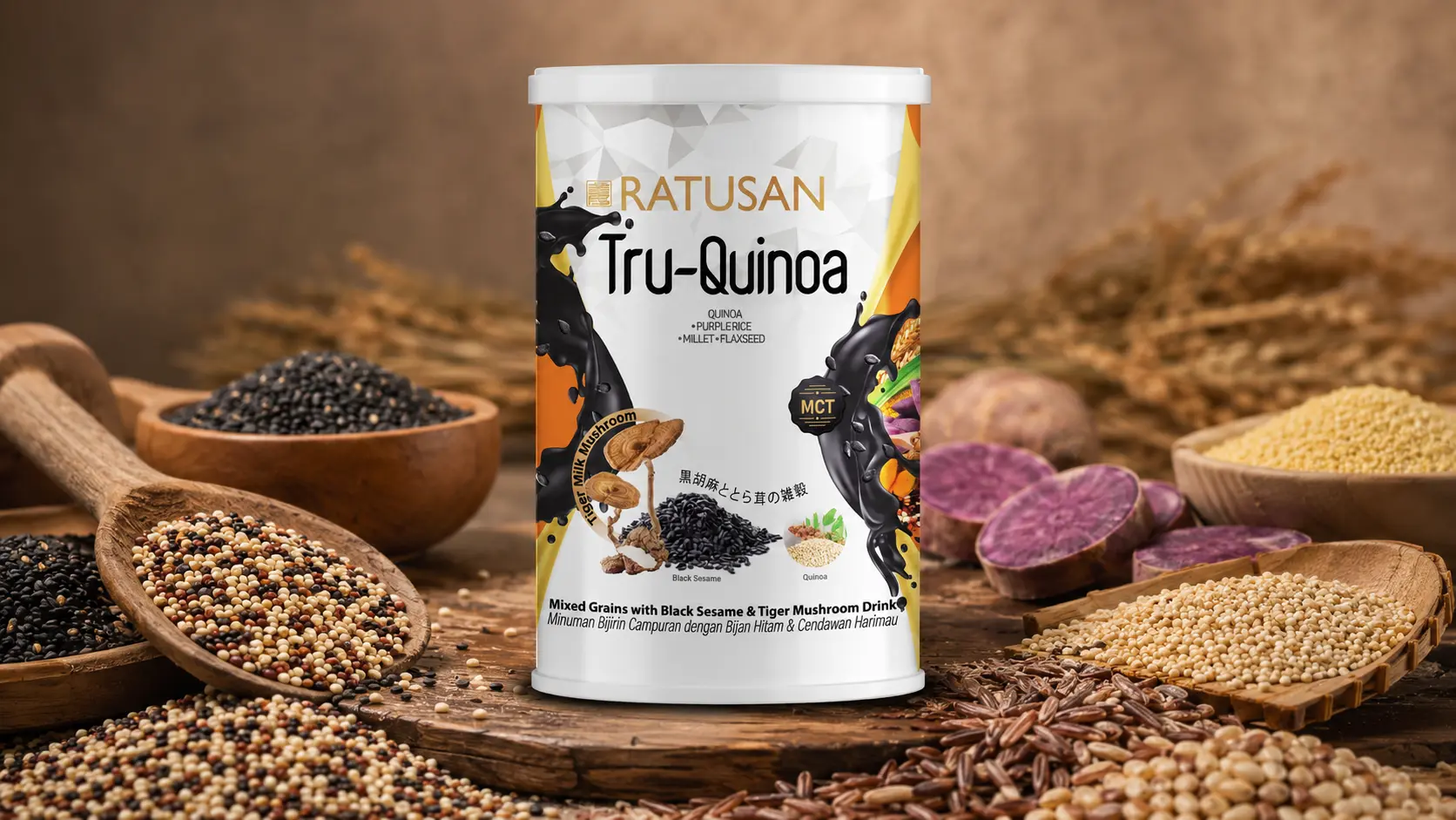 Ratusan Tru-Quinoa tin on a wooden board with tricolour quinoa, black sesame and purple sweet potato